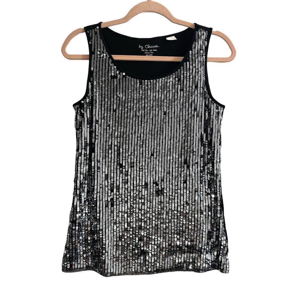 CHICO’S Silver Black Sequin Sleeveless Tank Top Shirt - Chico Sz 0 (Small)